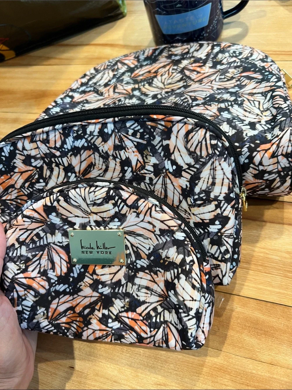 Monarch Butterfly Print nesting set Cosmetic Bag Trio black orange zip bags